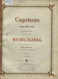 Книга "Capriccio sur des themes russes pour piano e 4 ms, comp. en 1834 par M. Glinka" – Михаил Иванович Глинка, 1896