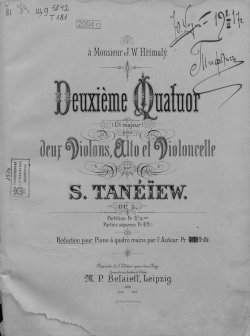 Книга "Deuxieme Quatuor (ut majeur) pour 2-x Violons, Alto et Violoncelle par S. Tanelew" – , 1896